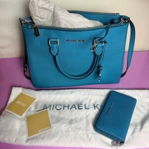 Michael Kors Savannah Large Satchel Turquoise Saffiano Leather Bag & Wallet Set